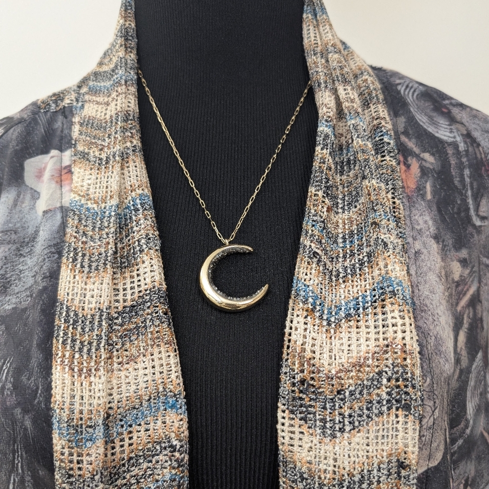 Crescent Moon Necklace, Gold Tone and Crystals - Picture 3 of 8